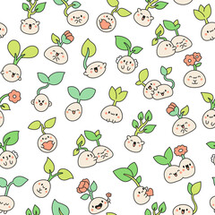 Cute kawaii seed with roots. Seamless pattern. Bean sprout. Cartoon plant gardening characters. Hand drawn style. Vector drawing. Design ornaments.