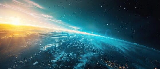 Fototapeta premium View of Earth from space with sunlight on the horizon.