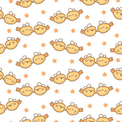 Cute couple fried shrimp tempura. Seamless pattern. Japanese food characters. Hand drawn style. Vector drawing. Design ornaments.