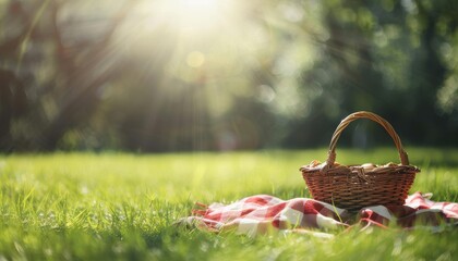 Sunlit picnic basket on a red checkered blanket surrounded by green grass in a serene outdoor setting.
