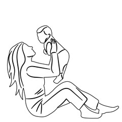mother plays with baby outline sketch, vector