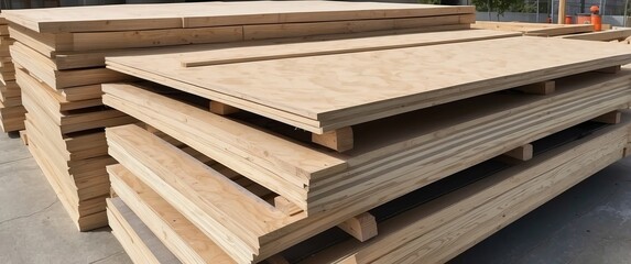 Fototapeta premium A large stack of plywood sheets arranged outdoors, ideal for construction, carpentry, or woodworking projects, reflecting high quality building materials