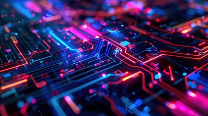 Obraz premium Vibrant neon circuit board with glowing pathways, illustrating modern technology and innovation in electronics and digital networking.