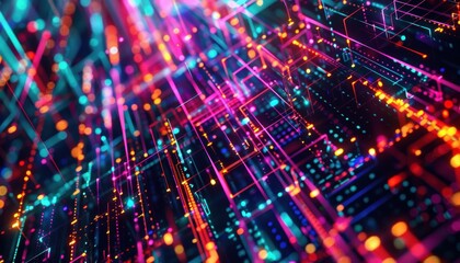 Naklejka premium Vivid abstract digital art showcasing glowing neon circuits and data paths, representing technology and innovation in a futuristic design.