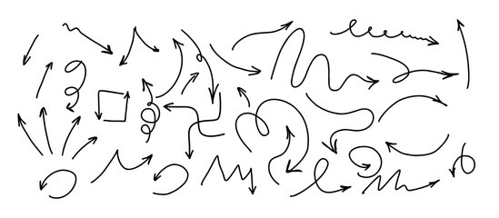 A diverse set of hand-drawn black arrows doodles in various styles and sizes, perfect for enhancing your designs. Creative action pointers. Isolated on white background