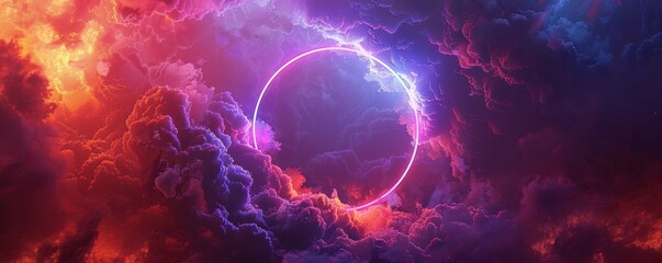 Vivid digital art depicting a glowing, colorful ring against a backdrop of stormy, vibrant clouds, creating a mesmerizing, abstract scene.