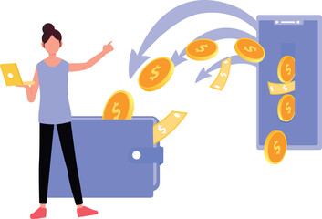 The girl is pointing at the money transferring.