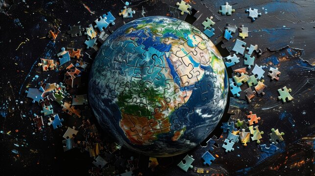 An artistic representation of the Earth as a puzzle sphere, with pieces coming together to form the complete planet, symbolizing global unity and cooperation, and the idea