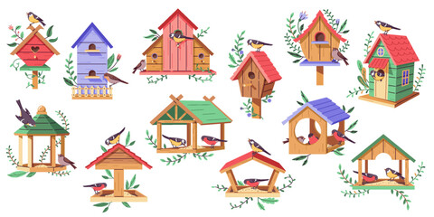 Birdhouses and birdfeeders with leaves 2D cartoon objects set. Cute craft houses for birds flat line vector elements white background