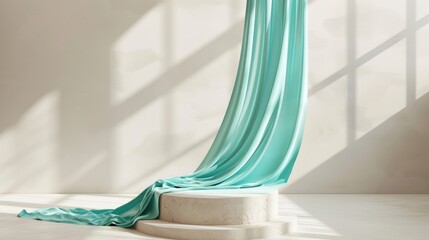 Podium with 3D display, beige background with pedestal and aquamarine fabric curtain. Stand for the presentation of cosmetic products, layout 3d rendering, for advertising.