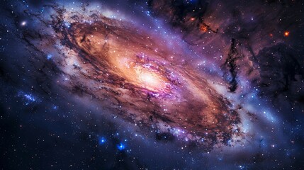 Fototapeta premium An awe-inspiring image of a galaxy far, far away, captured by a powerful telescope, showcasing the vibrant colors and intricate details of distant stars and nebulae