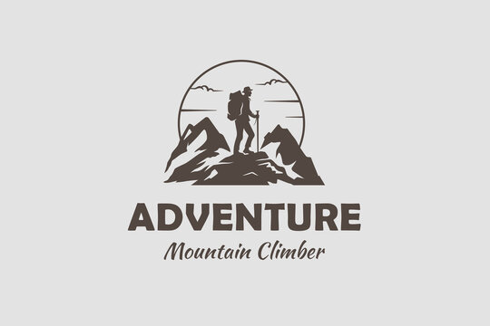 Adventure mountain climbing vintage logo design. vector illustration high climb travel outdoors logo concept