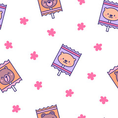 Cute lollypop with animal face. Seamless pattern. Cartoon sweet candies. Hand drawn style. Vector drawing. Design ornaments.