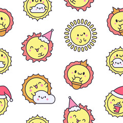 Cute kawaii sun with face. Seamless pattern. Cartoon smiling characters. Hand drawn style. Vector drawing. Design ornaments.