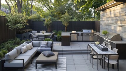 contemporary outdoor living space with comfortable seating, a built-in grill, and stylish decor for alfresco dining