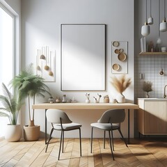 A kitchen have mockup poster empty white with a table and chairs descriptive optimized descriptive engaging.