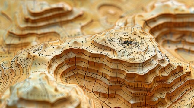 A topographic map with contour lines indicating elevation, overlaid with latitude and longitude lines, providing a detailed view of Earth's surface features.
