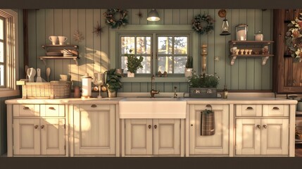 cozy and inviting cottage-style kitchen with beadboard cabinets, a farmhouse sink, and warm colors for a homely cooking environment