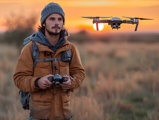 Fototapeta premium Drone Operator Controlling Drone at Sunset