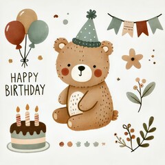 cute bear, birthday theme. earth tone color, watercolor illustration, Perfect for nursery art, simple clipart, single object, white color background.