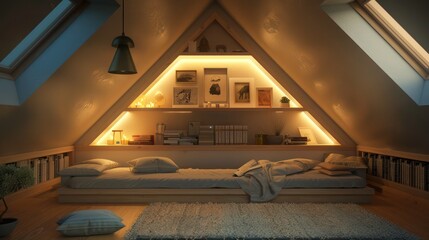 cozy attic conversion featuring soft lighting, angled ceilings, and comfortable nooks perfect for reading or relaxing