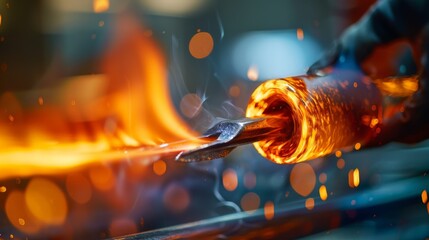 Close-up of a blacksmith holding a glowing hot metal rod with tongs, surrounded by sparks and flames in a workshop setting.