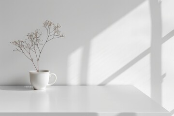 Obraz premium 3D minimalistic empty white tabletop, ideal for layouts and displaying objects on a plain white background with sunlight from the window.