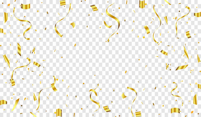 Abstract background party celebration gold confetti. Falling shiny golden confetti isolated on transparent background. Christmas, New Year, Carnival festivity, Valentine’s Day, Birthday, Holiday.