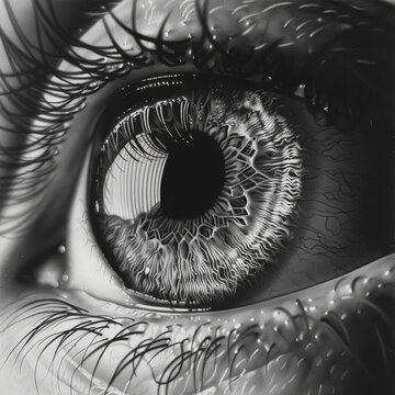 Close-up of a detailed human eye, emphasizing intricate patterns and textures in black and white. Ideal for concepts of vision and awareness.