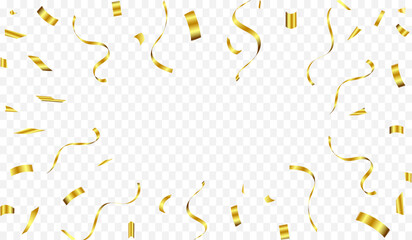 Abstract background party celebration gold confetti. Falling shiny golden confetti isolated on transparent background. Christmas, New Year, Carnival festivity, Valentine’s Day, Birthday, Holiday.