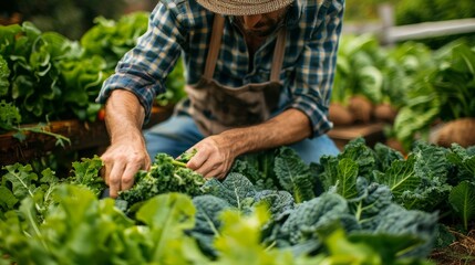 Fototapeta premium An image of a farmer harvesting ripe, organic vegetables from a garden, emphasizing the connection between humans and the natural, biological processes of growing food.