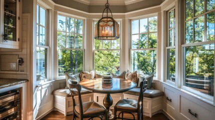 cozy breakfast nook surrounded by bay windows, featuring a built-in bench and a round table for sunny morning meals