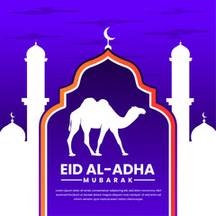 Eid al adha Mubarak template, islamic festival background, camels and mosque vector