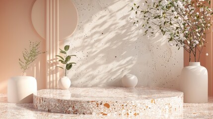 3D display podium, Natural beauty podium background for displaying products with terrazzo texture. Stand for product presentation, 3D rendering mockup, for advertising.