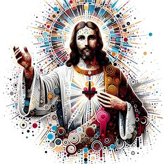 A painting of a Jesus christ design graphic with his arms raised Art.