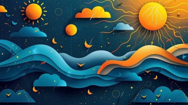 A collage of weather icons representing different meteorological conditions, such as sun, clouds, rain, snow, and lightning, conveying the variability of weather patterns.