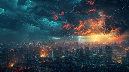 A composite image of a city skyline with weather elements superimposed, such as rain falling, lightning striking, and clouds moving, illustrating the impact of weather