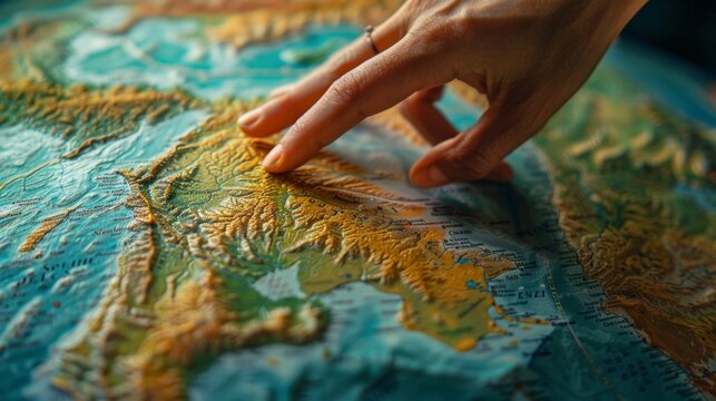 A close-up of a hand tracing the outline of a continent on a globe, emphasizing the tactile experience of learning geography and the physical connection to understanding th