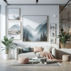 A living room style interior set design with a mockup poster empty white and with a couch and paintings on the wall Vibrant optimized creative.