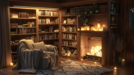 cozy fireside reading corner with a built-in bookshelf, a comfortable armchair, and soft lighting for the ultimate escape with a book