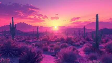 A desert ecosystem captured at sunset, showcasing the arid landscape dotted with cacti and other desert plants, and highlighting the adaptations of desert animals