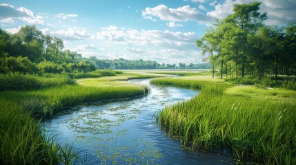 An image of a riparian habitat, with a meandering river bordered by lush vegetation, providing a vital corridor for wildlife and illustrating the importance