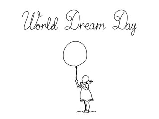 World Dream Day. abstract girl with balloon.continuous single line art drawing sketch, logo