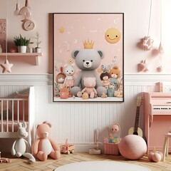 A pink room with a poster on the wall informative engaging.