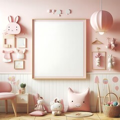 A pink room with a white frame and toys unique unique.