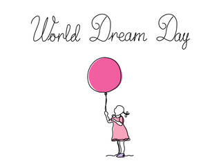 World Dream Day. abstract girl with balloon.continuous single line art drawing sketch, logo