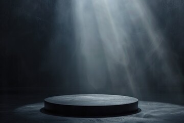 Podium with 3D display, black background with a round pedestal, with studio light from a spotlight. Stand for product presentation, 3d rendering layout, for advertising.