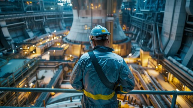 A nuclear plant engineer works in a nuclear plant with a nuclear furnace.