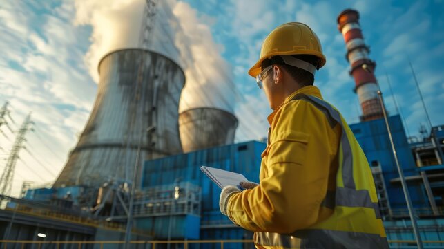 Nuclear power plant engineer A man with a beard in a protective helmet and an orange vest stands against the background of a nuclear power plant. Work inspection