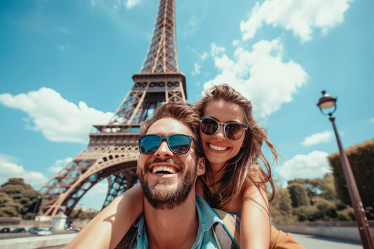 Pareja de jovenes llevando el hombre a la mujer a su espalda, sonrientes y alegres, haci&eacute;ndose un selfie, sobre fondo de la torre Eiffel de la ciudad de Par&iacute;s, en un bello d&iacute;a soleado de verano 